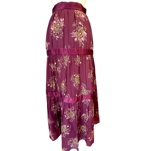 Marc Jacobs Silk Floral Ribbon Tiered Bohemian Midi Skirt Maroon Wine Size 12 - Picture 2 of 11